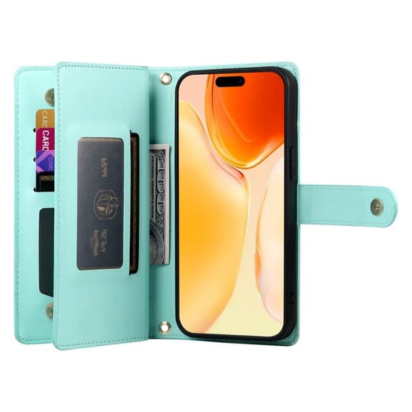 iPhone 17 Skal läderfodral med nio kortfack och dragkedja Mintgrön