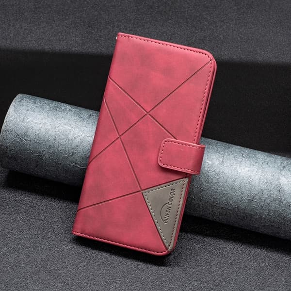 iPhone 16 Pro Skal Läder med Magnetisk Spänne och Rhombus Textur - Elegant Fodral för Skydd och Stil Röd