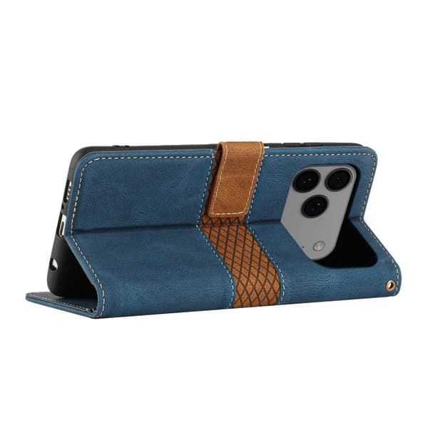 iPhone 18 Pro Max / iPhone 17 Pro Max Skal läderfodral med lanyard - Grid Stitching Blå