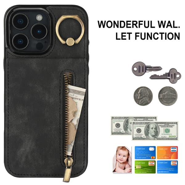 iPhone 16 Pro Max Retro Ring och Zipper RFID Kortfack Skal Svart