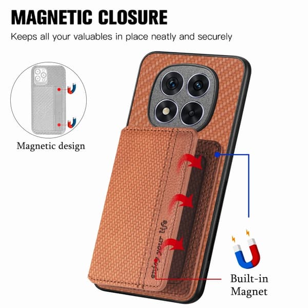 Redmi Note 14 Pro 5G - Kolfiber Magnetisk Kortväska fodral Brun