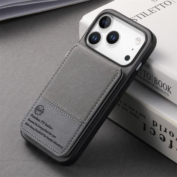 iPhone 17 Pro Max Skal - Twilltyg Läder Vertikal Flip RFID Kortväska Grå