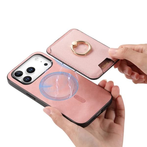 iPhone 17 Pro Max Retro Cross Läder Kortväska MagSafe Skal Rosa