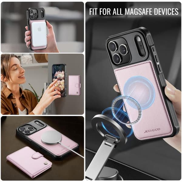 iPhone 18 Pro Max / iPhone 17 Pro Max Skal läderfodral JEEHOOD Buckle Card Bag MagSafe Magnetisk Stil RFID Rosa