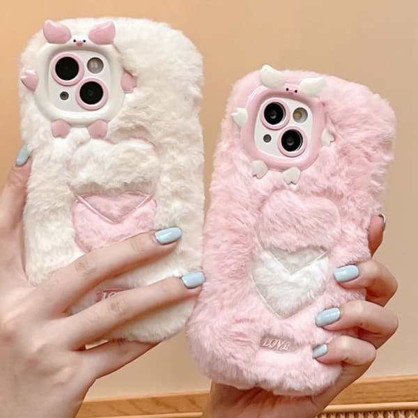 iPhone 16 Pro Max Broderad Plysch TPU Skal Vit gris