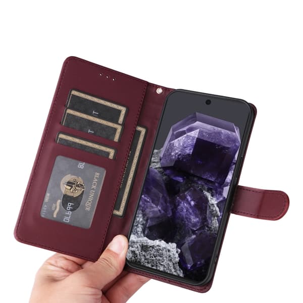 för Pixel 9 Pro Skal i Diamantmönstrad Läder Flip Design Vinrött