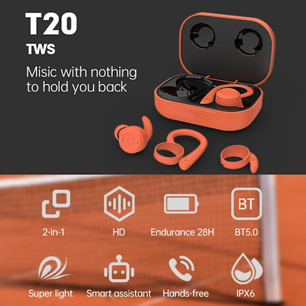T20 TWS Bluetooth-hörlurar med trådlösa sportkrokar med laddningsbox IPX6 Vattentäta brusreducerande hörlurar Orange