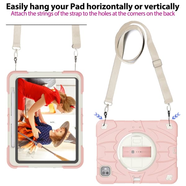 iPad Pro 11 2024 Bat Hand Grip Turntable Skal - Läderfodral Rosa Vit