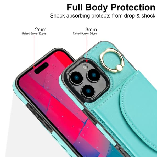 iPhone 16 Pro Max YM007 Ringhållare Kortväska Skinnkänsla Skal Grön