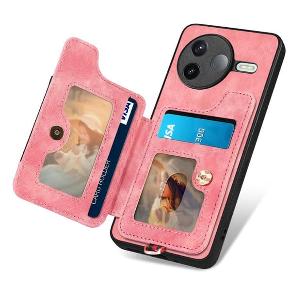 Redmi K80 / Poco F7 Pro - Retro Skinnkänsla Ring Multi-kort RFID Plånboksfodral Rosa