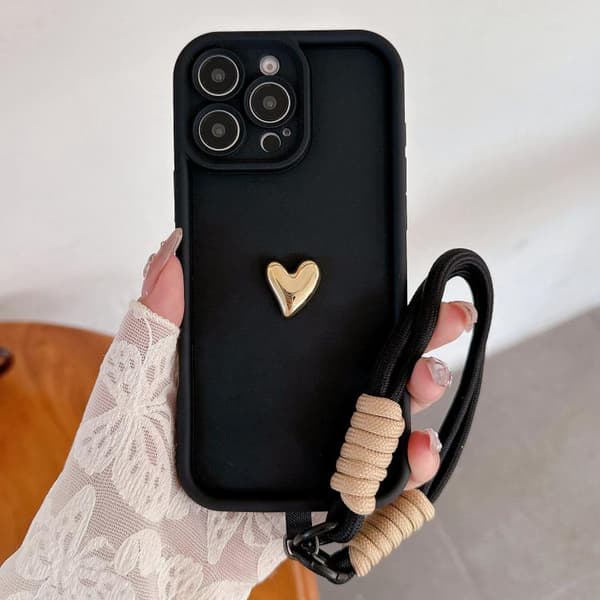 iPhone 16 Pro Solid Color 3D Kärlek TPU Skal med Lanyard Svart