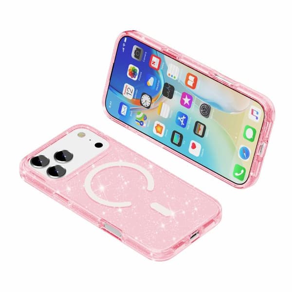 iPhone 17 Pro Skal - Terminator Stil med Glittrande Pulver och MagSafe Magnet Rosa