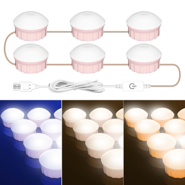 6 LED-lampor Kosmetisk Rum Badrumsspegel Frontljus USB Trefärgs Dimljus