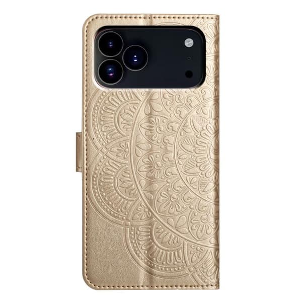 iPhone 18 Pro Max / iPhone 17 Pro Max Skal Läderfodral med Blomsterprägling Guld