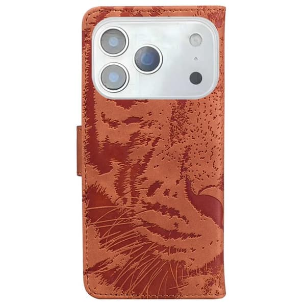 iPhone 18 Pro / iPhone 17 Pro Skal läderfodral med tigerprägling Brun