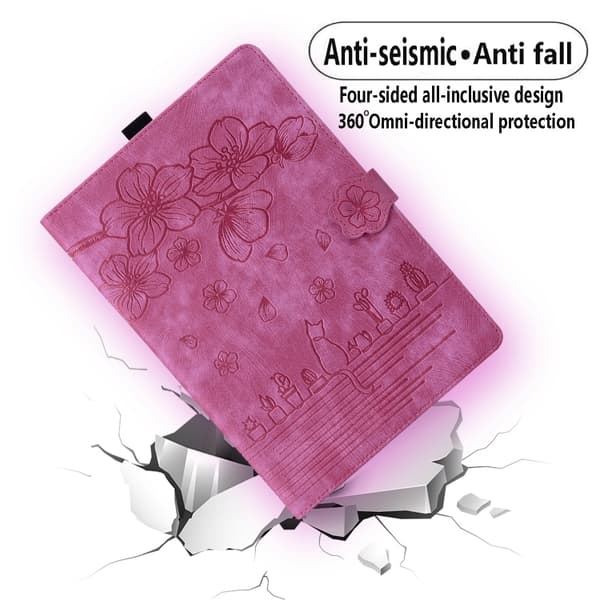 Samsung Galaxy Tab A7 Lite Cartoon Sakura Cat Prägad Läderfodral Rosaröd