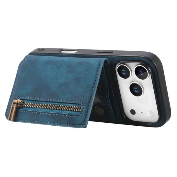 iPhone 18 Pro / iPhone 17 Pro Retro Läder Zipper Skal Blå
