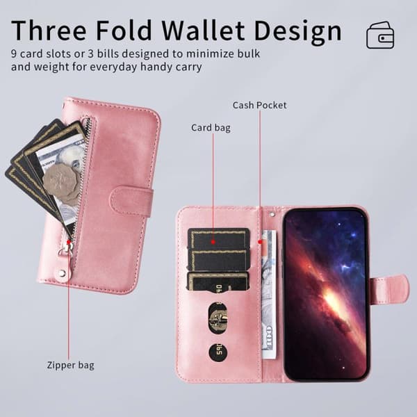 iPhone 18 Pro Max / iPhone 17 Pro Max Skal läderfodral - mode med kalvskinnstextur och dragkedja Roséguld