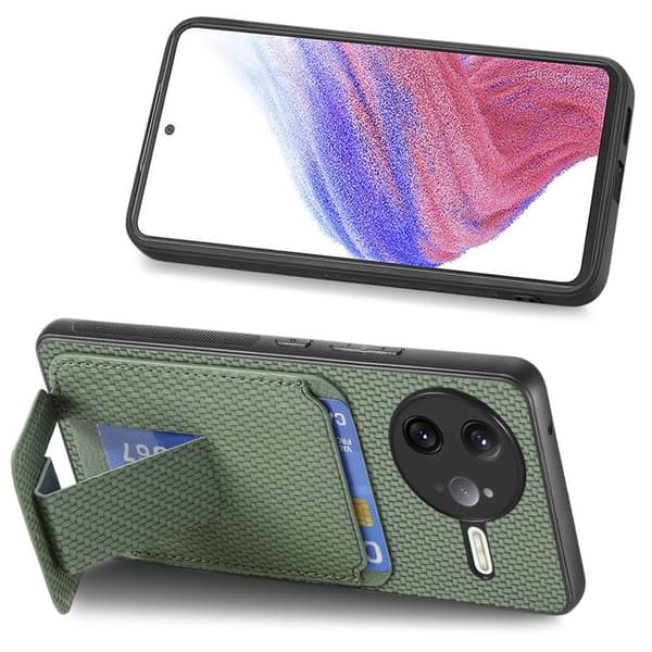 Redmi K80 / Poco F7 Pro - Kolfiber Kortfodral med Fällbart Ställ Grön