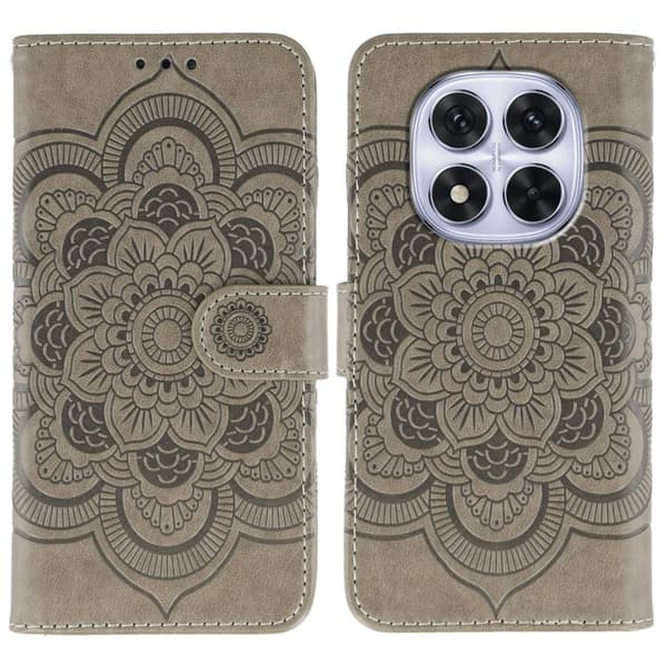 Redmi Note 14 Pro 4G/5G/Note 14 Pro+, Sol Mandala Pr präglad läderfodral Grå