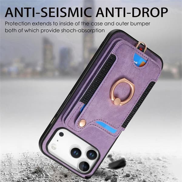 iPhone 18 Pro Max / iPhone 17 Pro Max Retro Skinnkänsla Ring Multi-kort Skal Purpur