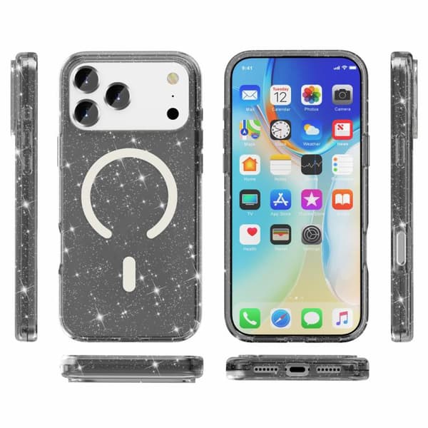 iPhone 18 Pro / iPhone 17 Pro Skal - Terminator Stil med Glittrande Pulver och MagSafe Magnet Svart