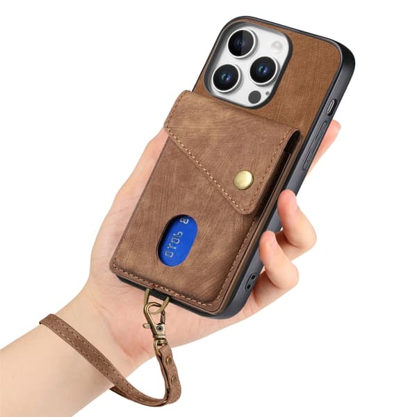 iPhone 16 Pro Max Retro Kortplånbok Fodral Läder med Rem - Skal Brun
