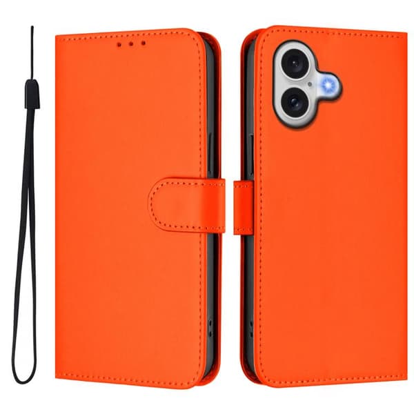 iPhone 17 Skal läderfodral - solid färg med lanyard Orange