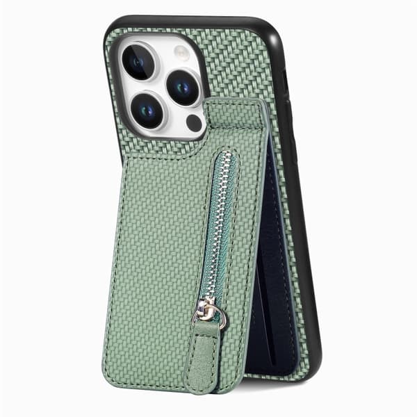iPhone 16 Pro Max Kolfiber Vertikal Flip Zipper Skal Grön