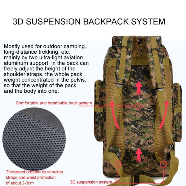 56-75L Stor Resväska Ryggsäck Vattentät och Reptålig Vandringsryggsäck Desert Camouflage