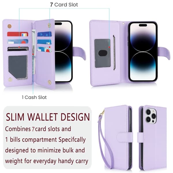 iPhone 16 Pro Max Skal - Multi-Kort Plånbok RFID Läder Ljuslila