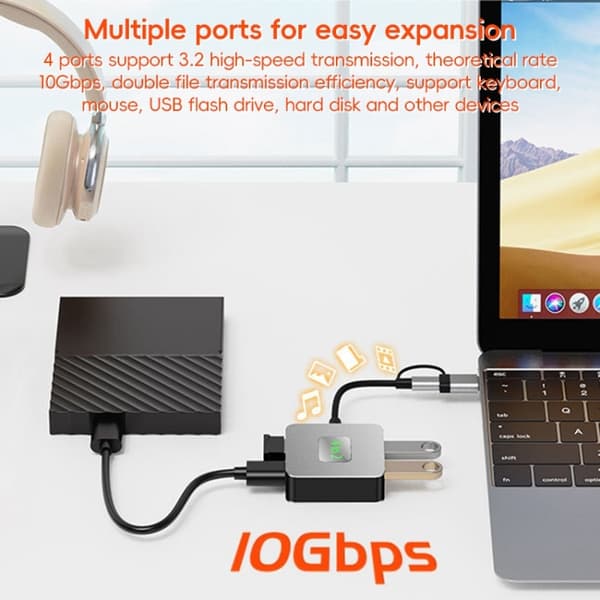 BYL-2320 4-i-2 USB + USB-C / Typ-C till USB 3.2 4-portars hub-adapter (Grå)