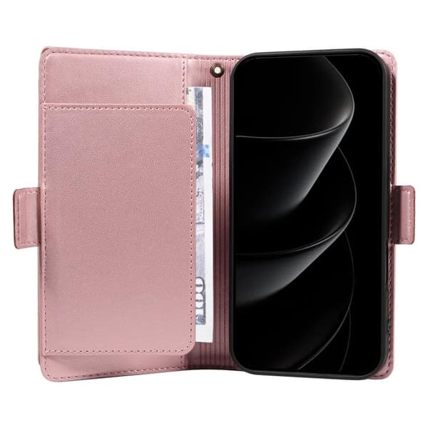 iPhone 18 Pro Max / iPhone 17 Pro Max Skal Läderfodral med Rem för Flera Kort Roséguld