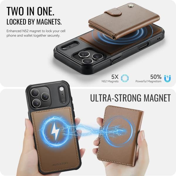 iPhone 18 Pro Max / iPhone 17 Pro Max Skal läderfodral JEEHOOD Buckle Card Bag MagSafe Magnetisk Stil RFID Brun