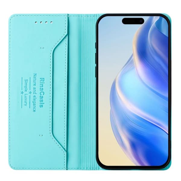 iPhone 17 Pro Max Skal läderfodral med dubbelvikts magnetisk sug och RFID Mintgrön
