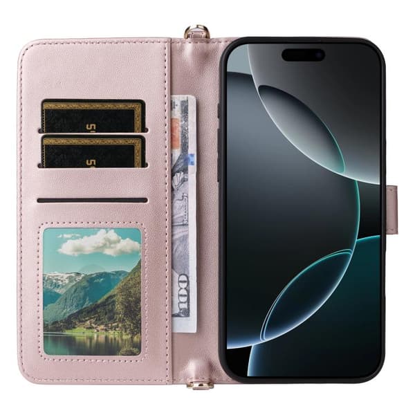 iPhone 16 Pro Max Skal Läder med Multifunktionella 6-Kortsplatser och Handledsrem Rosa