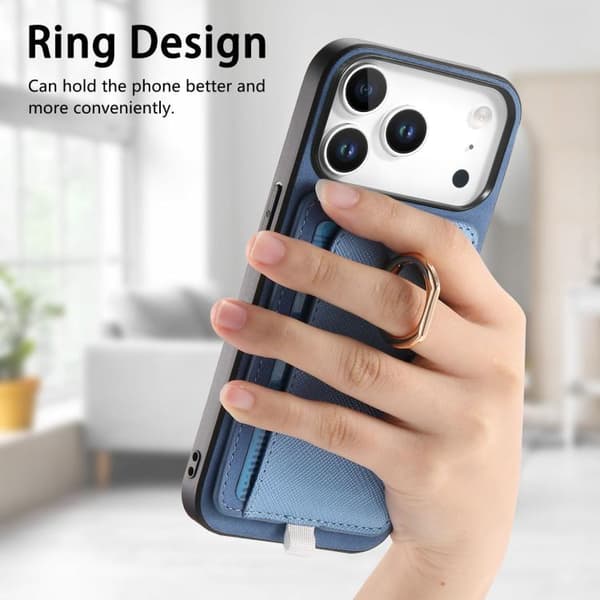 iPhone 18 Pro / iPhone 17 Pro Skal - Retro Korsläder med Ring och Sidofack för Kort, MagSafe Blå