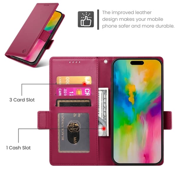 iPhone 16 Pro Skal - Magnetiskt Frostat Läderfodral Vinrött