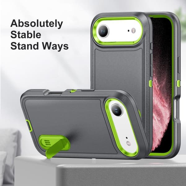 iPhone 17 Air Skal - robust PC + silikonfodral med hållare Grå + Friskgrön