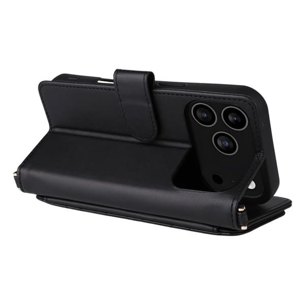 iPhone 18 Pro Max / iPhone 17 Pro Max Skal Läderfodral med Multifunktionella 6-Kortsplatser och Handledsrem Svart