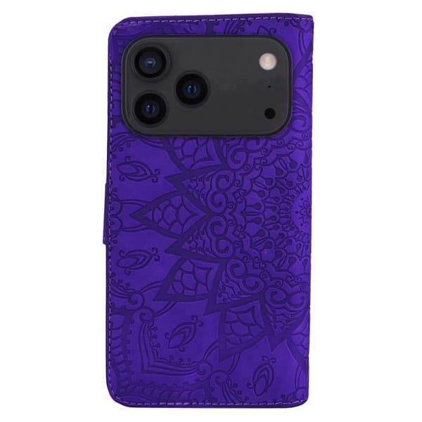 iPhone 18 Pro / iPhone 17 Pro Skal läderfodral med mandala präglad design - dubbelvik Purpur