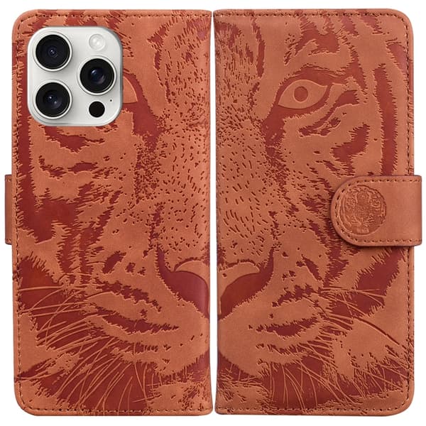 iPhone 16 Pro Max Tiger Embossing Pattern Fodral - Elegant och Slitstark Skal Läder Brun