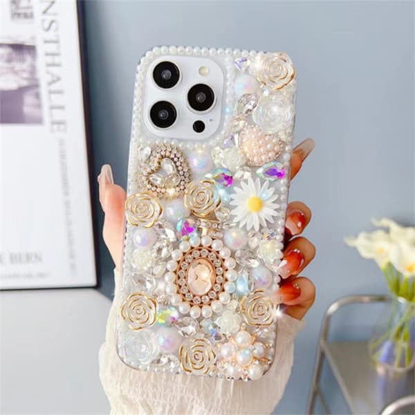 iPhone 16 Pro Max Diamantinlagd Ros PC Skal Vit