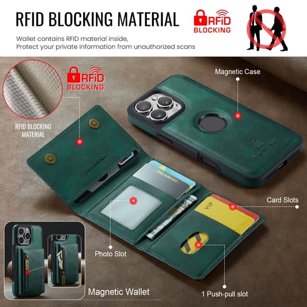 iPhone 16 Pro DG.MING M5 Series Zip RFID Multi Card Avtagbart Läder Fodral Skal Grön