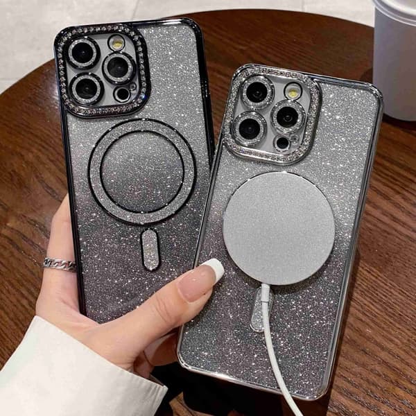 iPhone 16 Pro Max Diamond Gradient Glitter Pläterad MagSafe Skal Purpur