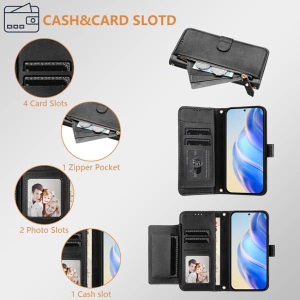 iPhone 16 Pro Max Fodral - Multi-Kortfack Zipper Skal Läder Svart