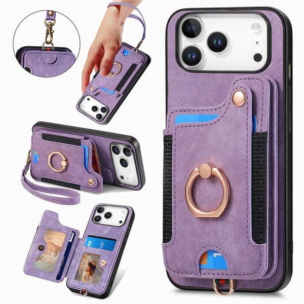 iPhone 18 Pro Max / iPhone 17 Pro Max Retro Skinnkänsla Ring Multi-kort Skal Purpur