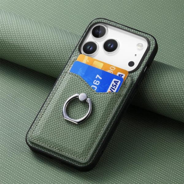 iPhone 18 Pro / iPhone 17 Pro Carbon Fiber Kortplånbok Ring Skal Grön