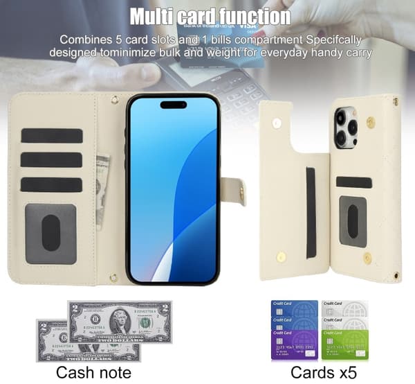 iPhone 16 Pro Skal Rhombisk Multifunktionellt Läderfodral Vit