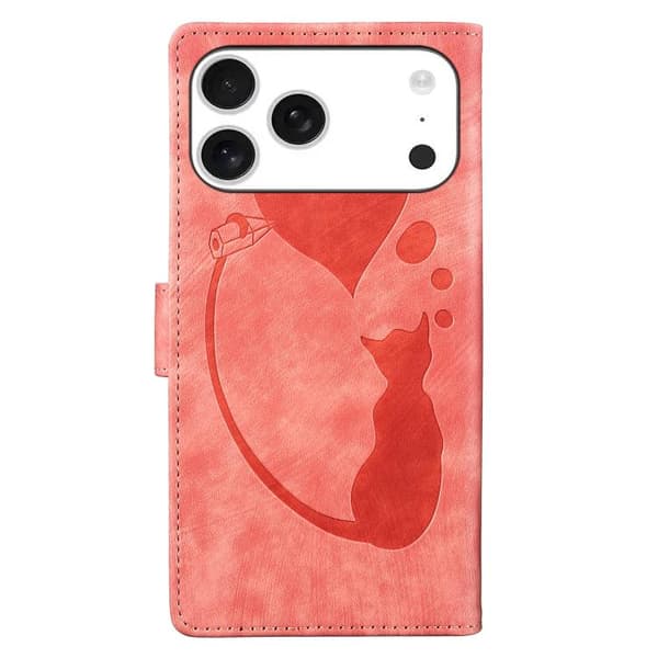 iPhone 18 Pro Max / iPhone 17 Pro Max Skal läderfodral med präglad katt och hjärta Orange